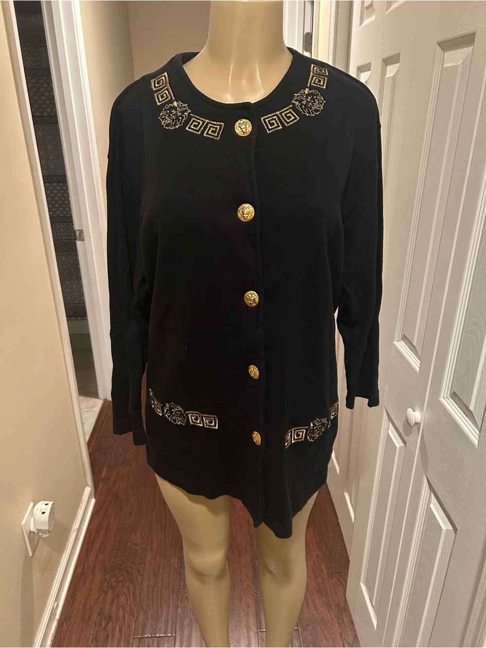 Black Cardigan top with lion head Gold Medallion Buttons and Embroidered Trim